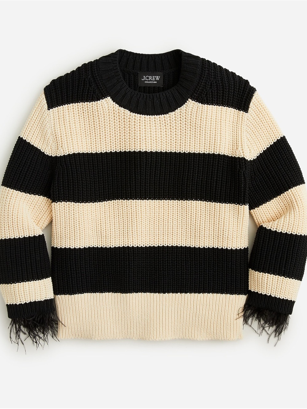 J.Crew Collection Feather Trim Sweater Black Cream Striped BO153 S NWT